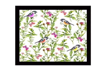 Innrammet lerretsbilde i tre - 41x56 cm - Fargerike fugler omgitt av blomster og grønne planter - Grønn / Rosa / Gul - Interiør - Maleri & posters - Lerretsbilder