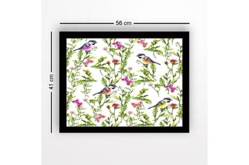 Innrammet lerretsbilde i tre - 41x56 cm - Fargerike fugler omgitt av blomster og grønne planter - Grønn / Rosa / Gul - Interiør - Maleri & posters - Lerretsbilder