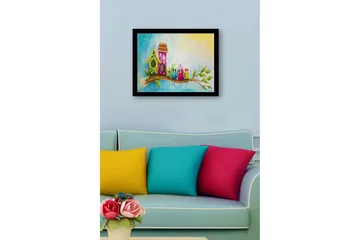Innrammet lerretsbilde i tre - 41x56 cm - Fargerike fugler på en gren med fuglehus i bakgrunnen - Grønn / Rosa / Blå - Interiør - Maleri & posters - Lerretsbilder