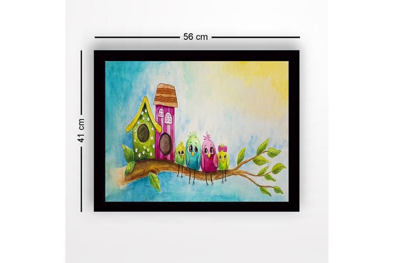Innrammet lerretsbilde i tre - 41x56 cm - Fargerike fugler på en gren med fuglehus i bakgrunnen - Grønn / Rosa / Blå - Interiør - Maleri & posters - Lerretsbilder