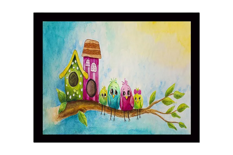 Innrammet lerretsbilde i tre - 41x56 cm - Fargerike fugler på en gren med fuglehus i bakgrunnen, Grønn / Rosa / Blå