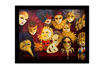 Innrammet lerretsbilde i tre - 41x56 cm - Fargerike masker med forskjellige uttrykk og detaljer - Gull / Rød / Svart - Interiør - Maleri & posters - Lerretsbilder