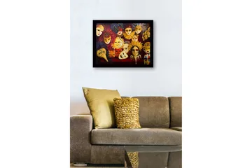 Innrammet lerretsbilde i tre - 41x56 cm - Fargerike masker med forskjellige uttrykk og detaljer - Gull / Rød / Svart - Interiør - Maleri & posters - Lerretsbilder