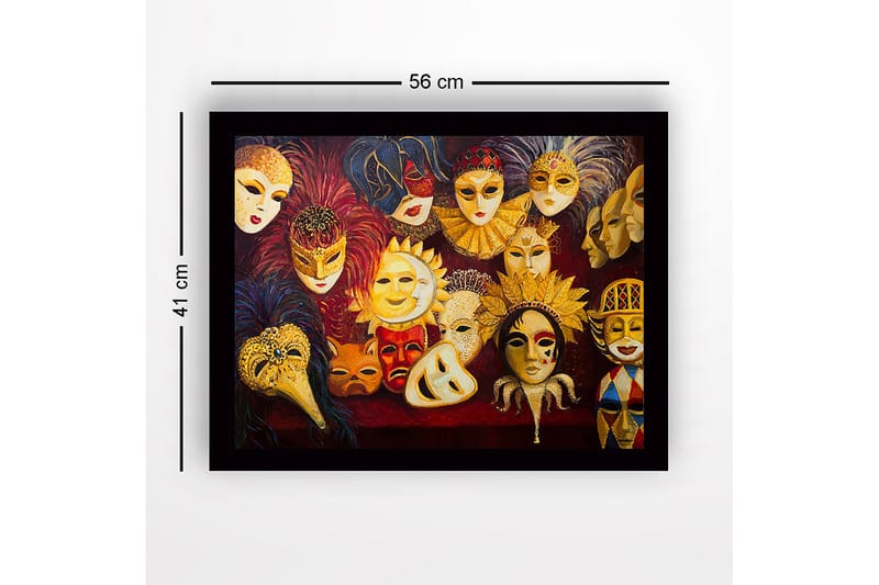 Innrammet lerretsbilde i tre - 41x56 cm - Fargerike masker med forskjellige uttrykk og detaljer - Gull / Rød / Svart - Interiør - Maleri & posters - Lerretsbilder