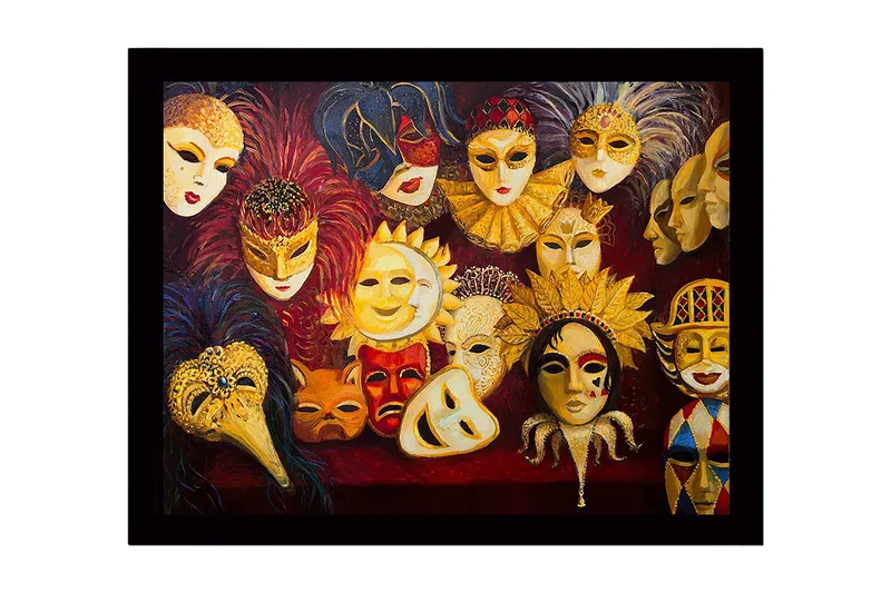 Innrammet lerretsbilde i tre - 41x56 cm - Fargerike masker med forskjellige uttrykk og detaljer, Gull / Rød / Svart