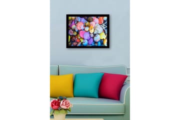 Innrammet lerretsbilde i tre - 41x56 cm - Fargerike skjell i forskjellige former og størrelser - Rosa / Gul / Lilla - Interiør - Maleri & posters - Lerretsbilder