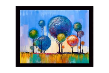 Innrammet lerretsbilde i tre - 41x56 cm - Fargerike trær i en livlig landskapskomposisjon - Blå / Grønn / Oransje - Interiør - Maleri & posters - Lerretsbilder