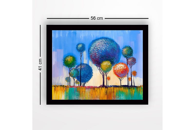 Innrammet lerretsbilde i tre - 41x56 cm - Fargerike trær i en livlig landskapskomposisjon - Blå / Grønn / Oransje - Interiør - Maleri & posters - Lerretsbilder
