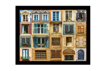 Innrammet lerretsbilde i tre - 41x56 cm - Fargerike vinduer og balkonger i et urbant miljø - Blå / Beige / Brun - Interiør - Maleri & posters - Lerretsbilder