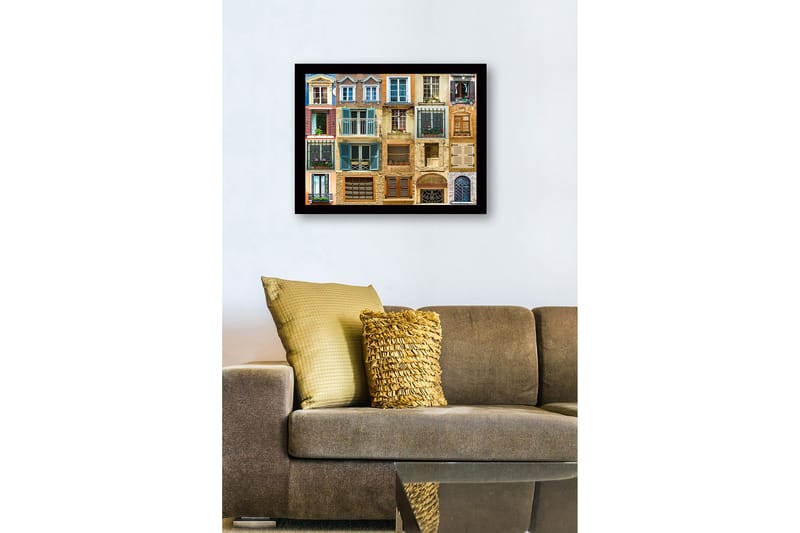 Innrammet lerretsbilde i tre - 41x56 cm - Fargerike vinduer og balkonger i et urbant miljø - Blå / Beige / Brun - Interiør - Maleri & posters - Lerretsbilder