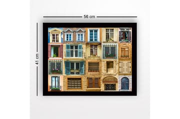 Innrammet lerretsbilde i tre - 41x56 cm - Fargerike vinduer og balkonger i et urbant miljø - Blå / Beige / Brun - Interiør - Maleri & posters - Lerretsbilder