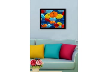 Innrammet lerretsbilde i tre - 41x56 cm - Fargerike paraplyer som svever i luften - Blå / Rød / Gul - Interiør - Maleri & posters - Lerretsbilder