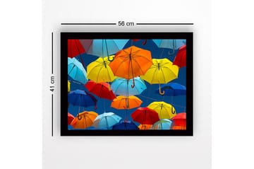 Innrammet lerretsbilde i tre - 41x56 cm - Fargerike paraplyer som svever i luften - Blå / Rød / Gul - Interiør - Maleri & posters - Lerretsbilder
