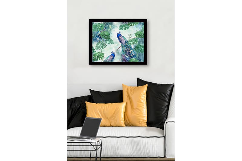 Innrammet lerretsbilde i tre - 41x56 cm - Fargerike påfugler omgitt av tropiske planter - Grønn / Blå / Turkis - Interiør - Maleri & posters - Lerretsbilder
