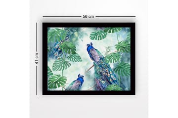 Innrammet lerretsbilde i tre - 41x56 cm - Fargerike påfugler omgitt av tropiske planter - Grønn / Blå / Turkis - Interiør - Maleri & posters - Lerretsbilder