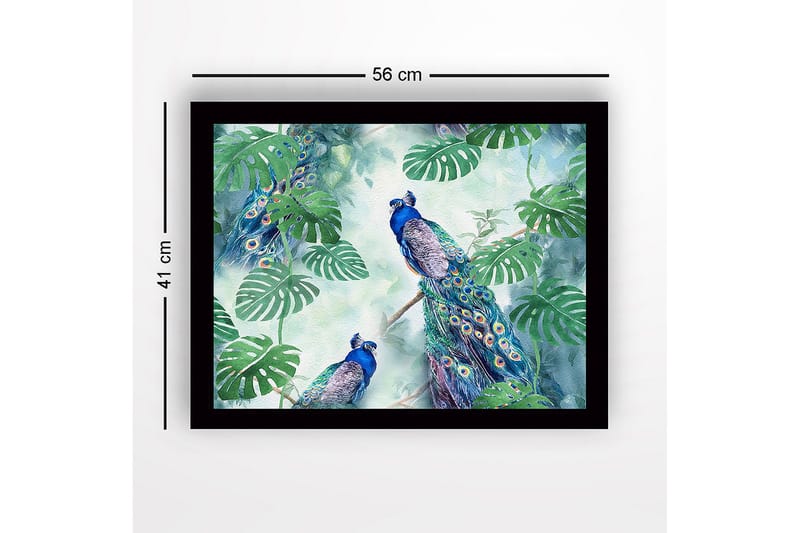 Innrammet lerretsbilde i tre - 41x56 cm - Fargerike påfugler omgitt av tropiske planter - Grønn / Blå / Turkis - Interiør - Maleri & posters - Lerretsbilder