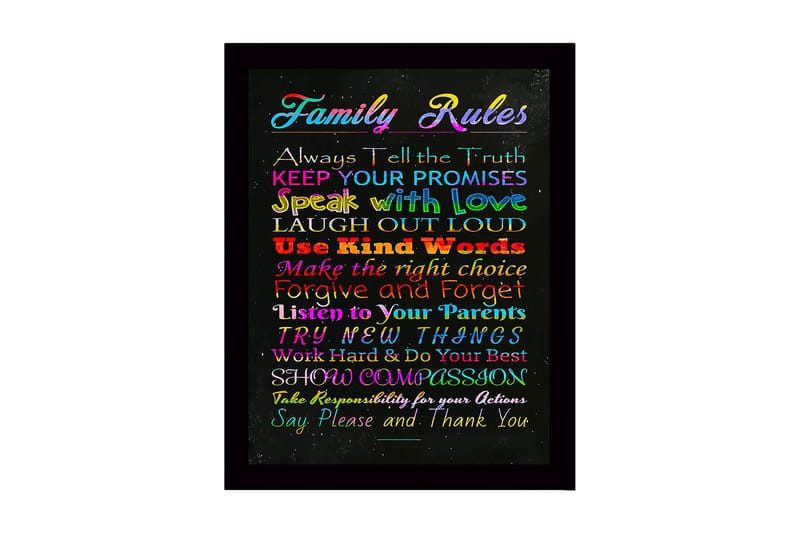 Innrammet lerretsbilde i tre - 41x56 cm - Fargerikt maleri med familieregler i forskjellige skrifttyper, Rød / Blå / Grønn