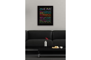 Innrammet lerretsbilde i tre - 41x56 cm - Fargerikt maleri med familieregler i forskjellige skrifttyper - Rød / Blå / Grønn - Interiør - Maleri & posters - Lerretsbilder