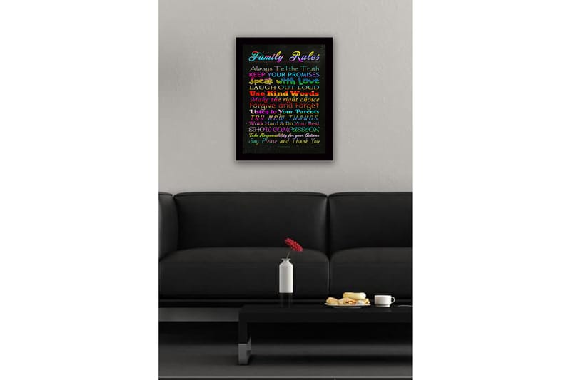 Innrammet lerretsbilde i tre - 41x56 cm - Fargerikt maleri med familieregler i forskjellige skrifttyper - Rød / Blå / Grønn - Interiør - Maleri & posters - Lerretsbilder