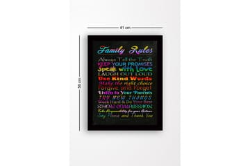 Innrammet lerretsbilde i tre - 41x56 cm - Fargerikt maleri med familieregler i forskjellige skrifttyper - Rød / Blå / Grønn - Interiør - Maleri & posters - Lerretsbilder