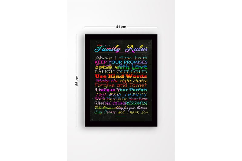 Innrammet lerretsbilde i tre - 41x56 cm - Fargerikt maleri med familieregler i forskjellige skrifttyper - Rød / Blå / Grønn - Interiør - Maleri & posters - Lerretsbilder