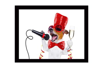 Innrammet lerretsbilde i tre - 41x56 cm - Festlig hund med mikrofon og champagneglass - Rød / Svart / Hvit - Interiør - Maleri & posters - Lerretsbilder