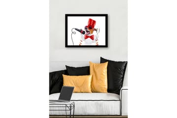 Innrammet lerretsbilde i tre - 41x56 cm - Festlig hund med mikrofon og champagneglass - Rød / Svart / Hvit - Interiør - Maleri & posters - Lerretsbilder