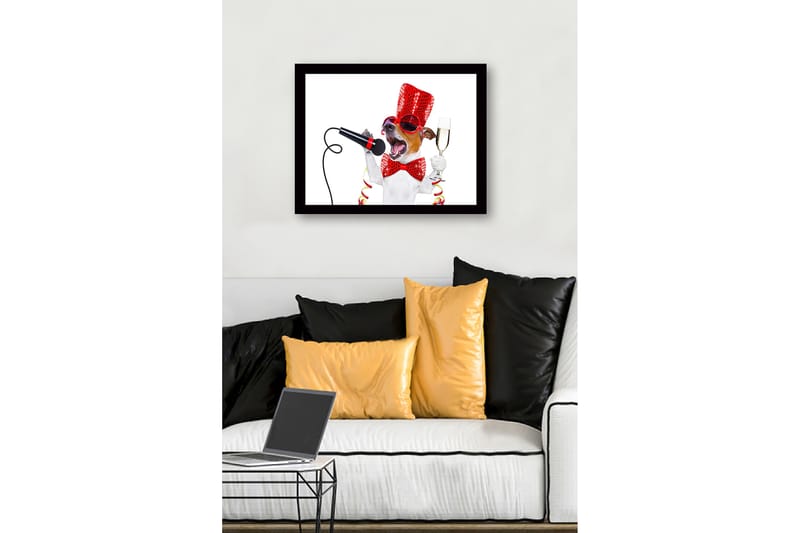 Innrammet lerretsbilde i tre - 41x56 cm - Festlig hund med mikrofon og champagneglass - Rød / Svart / Hvit - Interiør - Maleri & posters - Lerretsbilder