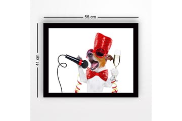 Innrammet lerretsbilde i tre - 41x56 cm - Festlig hund med mikrofon og champagneglass - Rød / Svart / Hvit - Interiør - Maleri & posters - Lerretsbilder