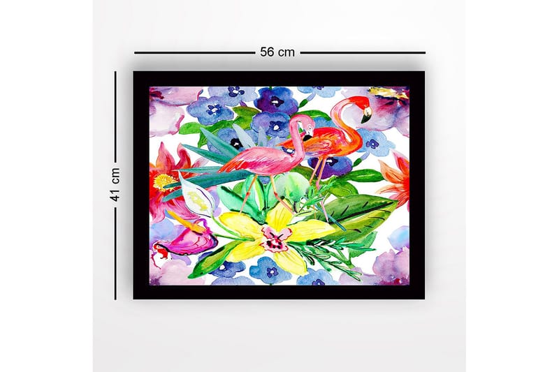 Innrammet lerretsbilde i tre - 41x56 cm - Flamingoer blant fargerike blomster og grønne blader - Rosa / Grønn / Gul - Interiør - Maleri & posters - Lerretsbilder
