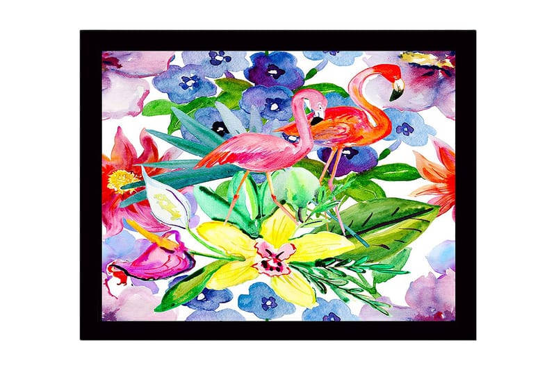 Innrammet lerretsbilde i tre - 41x56 cm - Flamingoer blant fargerike blomster og grønne blader, Rosa / Grønn / Gul