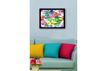 Innrammet lerretsbilde i tre - 41x56 cm - Flamingoer blant fargerike blomster og grønne blader - Rosa / Grønn / Gul - Interiør - Maleri & posters - Lerretsbilder