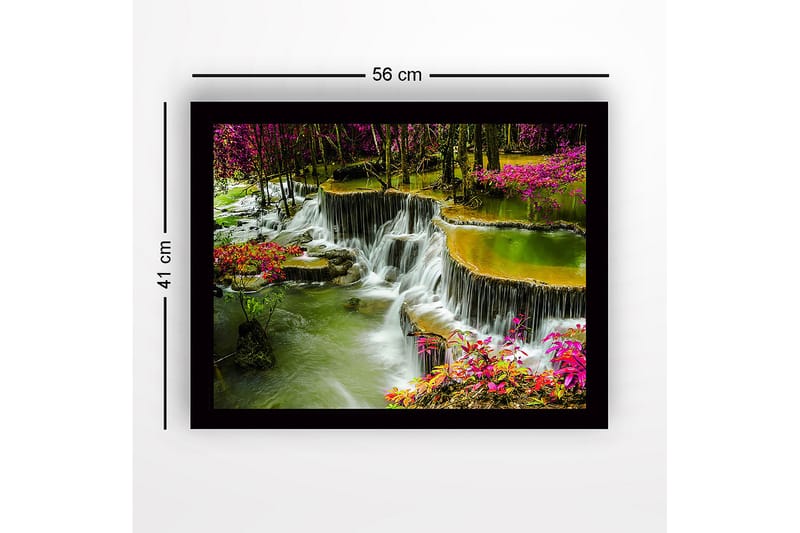 Innrammet lerretsbilde i tre - 41x56 cm - Foss omgitt av fargerike blomster og grøntområder - Grønn / Rosa / Gul - Interiør - Maleri & posters - Lerretsbilder