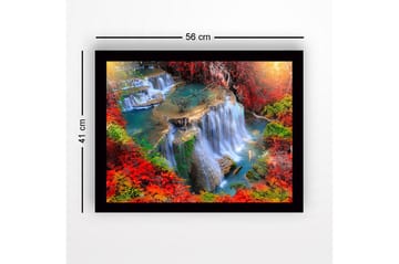 Innrammet lerretsbilde i tre - 41x56 cm - Foss omgitt av fargerike høstblader - Rød / Grønn / Blå - Interiør - Maleri & posters - Lerretsbilder