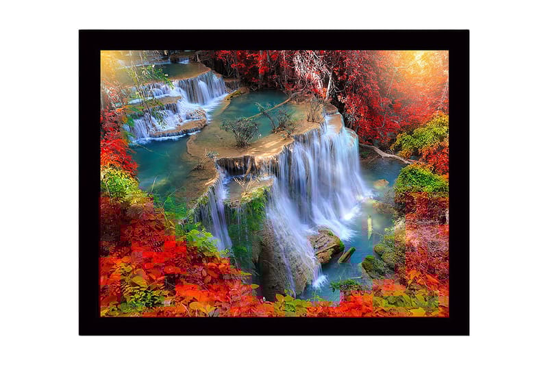 Innrammet lerretsbilde i tre - 41x56 cm - Foss omgitt av fargerike høstblader - Rød / Grønn / Blå - Interiør - Maleri & posters - Lerretsbilder