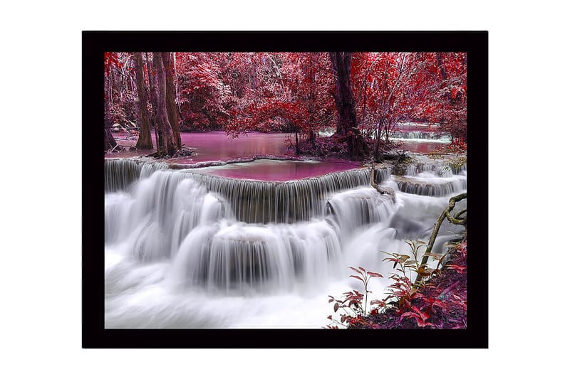 Innrammet lerretsbilde i tre - 41x56 cm - Foss omgitt av fargerike trær og vegetasjon, Rød / Lilla / Hvit