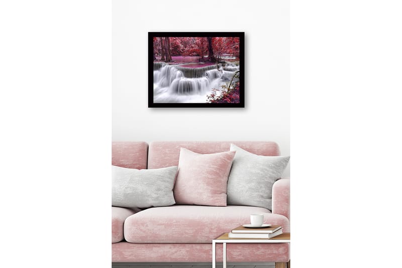 Innrammet lerretsbilde i tre - 41x56 cm - Foss omgitt av fargerike trær og vegetasjon - Rød / Lilla / Hvit - Interiør - Maleri & posters - Lerretsbilder