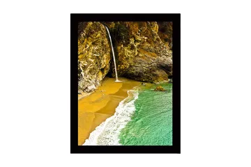 Innrammet lerretsbilde i tre - 41x56 cm - Foss som renner ut i en strandvik omgitt av klipper - Gull / Turkis / Grå - Interiør - Maleri & posters - Lerretsbilder