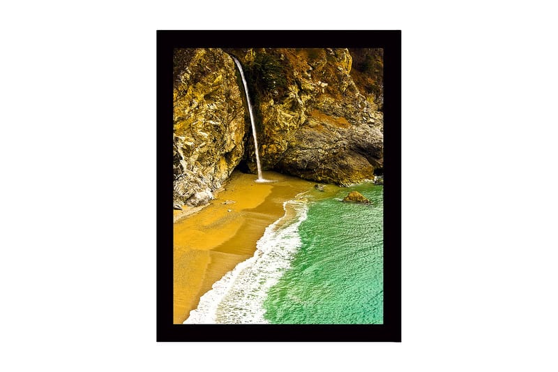 Innrammet lerretsbilde i tre - 41x56 cm - Foss som renner ut i en strandvik omgitt av klipper, Gull / Turkis / Grå