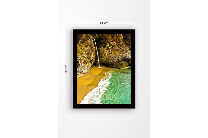 Innrammet lerretsbilde i tre - 41x56 cm - Foss som renner ut i en strandvik omgitt av klipper - Gull / Turkis / Grå - Interiør - Maleri & posters - Lerretsbilder