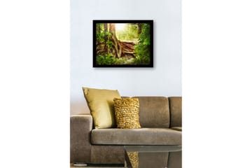 Innrammet lerretsbilde i tre - 41x56 cm - Frodig skog med en stor trerot og solstråler som siver gjennom løvverket - Grønn / Brun / Gul - Interiør - Maleri & posters - Lerretsbilder