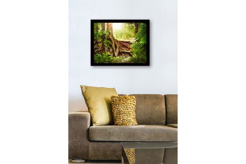 Innrammet lerretsbilde i tre - 41x56 cm - Frodig skog med en stor trerot og solstråler som siver gjennom løvverket - Grønn / Brun / Gul - Interiør - Maleri & posters - Lerretsbilder