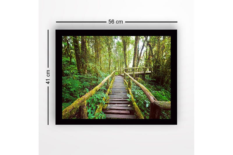 Innrammet lerretsbilde i tre - 41x56 cm - Frodig skogssti med trebroer - Grønn / Brun / Gulgrønn - Interiør - Maleri & posters - Lerretsbilder
