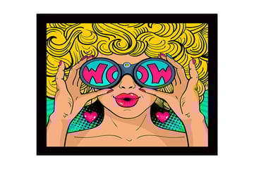 Innrammet lerretsbilde i tre - 41x56 cm - Glamorøs kvinne med store solbriller og krøllete blondt hår - Gul / Rosa / Turkis - Interiør - Maleri & posters - Lerretsbilder