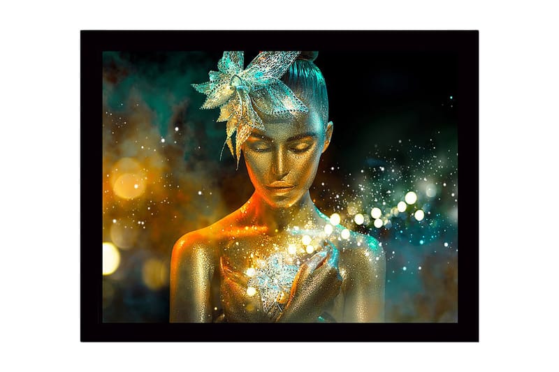 Innrammet lerretsbilde i tre - 41x56 cm - Glitrende kvinne med gyllen hud og en blomst i håret, Gull / Turkis / Oransje