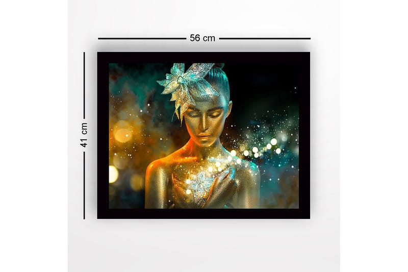 Innrammet lerretsbilde i tre - 41x56 cm - Glitrende kvinne med gyllen hud og en blomst i håret - Gull / Turkis / Oransje - Interiør - Maleri & posters - Lerretsbilder