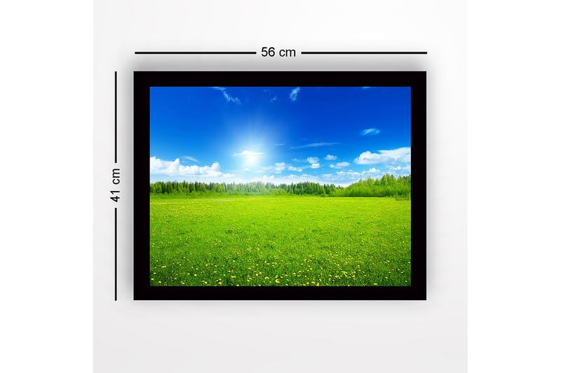 Innrammet lerretsbilde i tre - 41x56 cm - Grønn eng under en klar blå himmel med hvite skyer - Grønn / Blå / Hvit - Interiør - Maleri & posters - Lerretsbilder