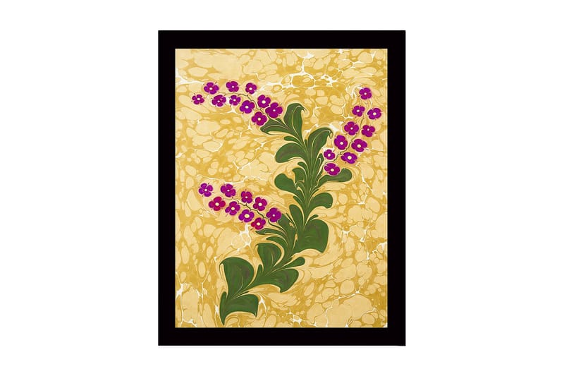 Innrammet lerretsbilde i tre - 41x56 cm - Grønn plante med lilla blomster mot en gyllen bakgrunn, Gull / Grønn / Lilla