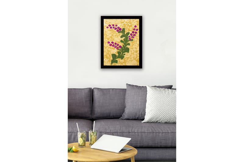Innrammet lerretsbilde i tre - 41x56 cm - Grønn plante med lilla blomster mot en gyllen bakgrunn - Gull / Grønn / Lilla - Interiør - Maleri & posters - Lerretsbilder