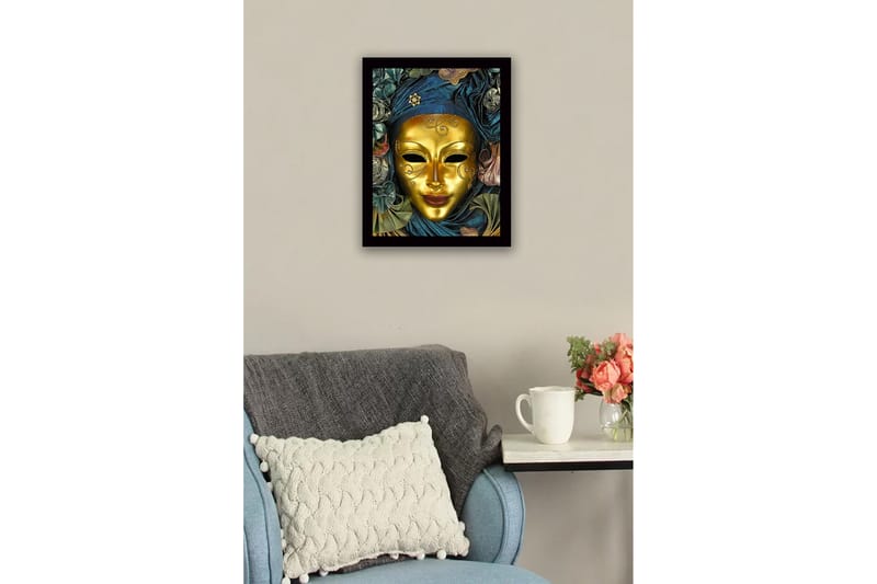 Innrammet lerretsbilde i tre - 41x56 cm - Gullmaske med detaljert dekorasjon og drapert kappe i blått og grønt - Gull / Mørk blå / Grønn - Interiør - Maleri & posters - Lerretsbilder